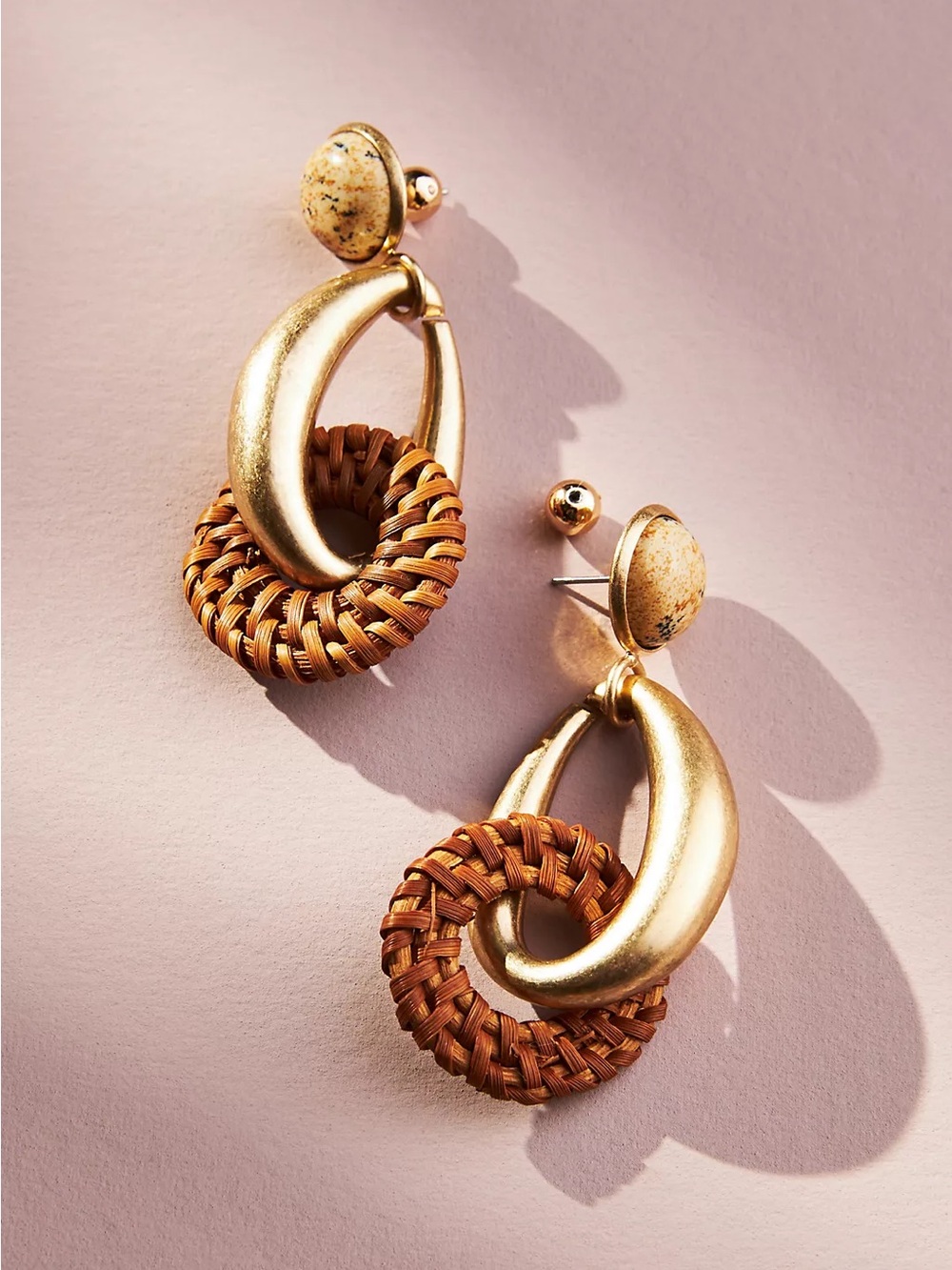Anthropologie Gold and Tan Woven Hoop Drop Earrings - Picture 2 of 4